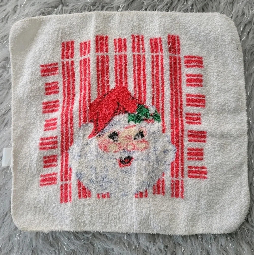 Vintage R.A. Briggs Christmas Bath Hand Towels Set 3 Santa Face Striped Fringe